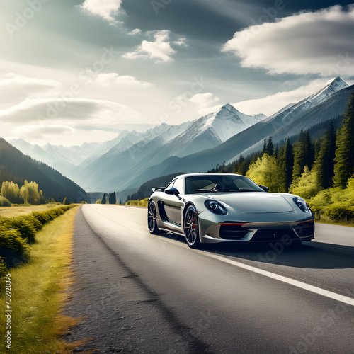 Sport car on forest road near mountains © Di Studio