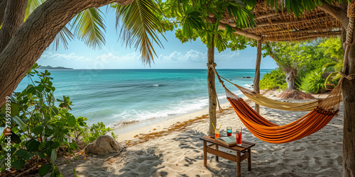 Hammocks strung between swaying palm trees, colorful drinks on a table, and a book lying open on the sand. 