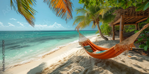 Hammocks strung between swaying palm trees, colorful drinks on a table, and a book lying open on the sand.  photo