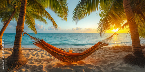 Hammocks strung between swaying palm trees, colorful drinks on a table, and a book lying open on the sand.  © Falk