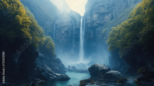 A mysterious valley, beautiful waterfall. Generative AI.