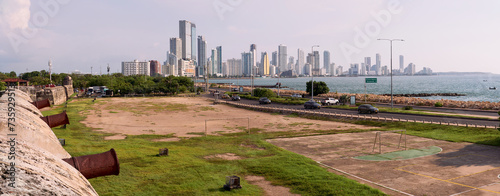 Panoramic view of the urban landscape of Cartagena (Colombia), including the walls facing Santander Avenue, the sea, and the historic center of Bocagrande.