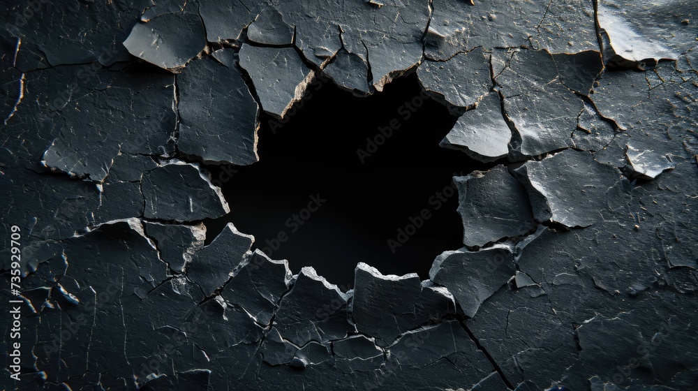 Hole with cracks in the wall, damaged and broken texture surface background or banner - obrazy, fototapety, plakaty 