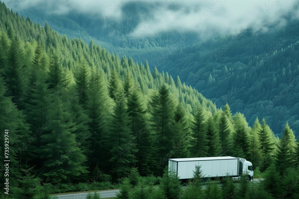 refrigerated goods truck on urgent delivery in evergreen forest refrigerated goods truck on urgent delivery in evergreen forest