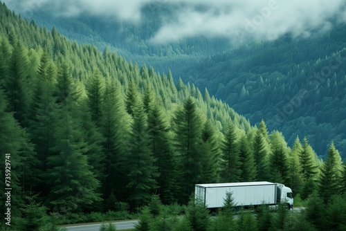 refrigerated goods truck on urgent delivery in evergreen forest photo