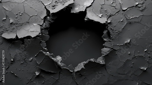 Hole with cracks in the wall, damaged and broken texture surface background or banner