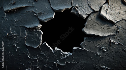 Hole with cracks in the wall, damaged and broken texture surface background or banner photo