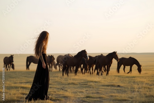 lady on an open plain with wild horses roaming behind photo