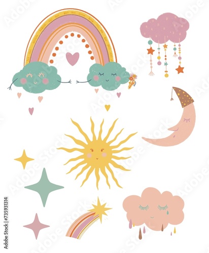 Cute set with rainbow, sun, stars, clouds. Delicate color palette.