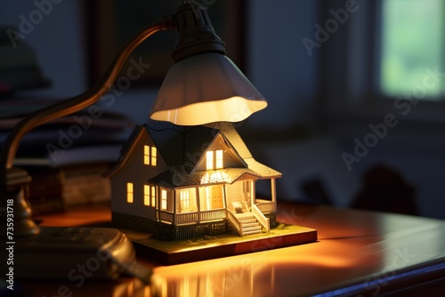 miniature home on a desk lamps base illuminating the model