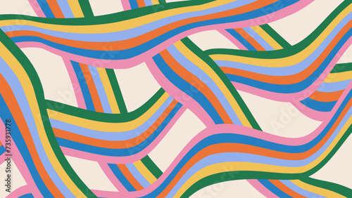 Curve rainbow colors stripes pattern. Psychedelic trippy background in hippie 60s-70s style. Retro colorful abstract design. Funky vector illustration