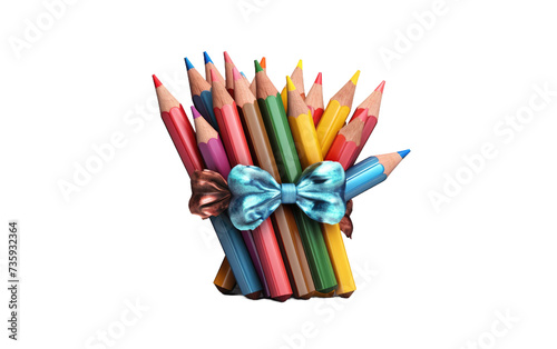 A Bouquet of Colored Pencils With a Bow. A colorful bouquet of sharpened colored pencils arranged in a neat bunch, tied with a decorative bow.