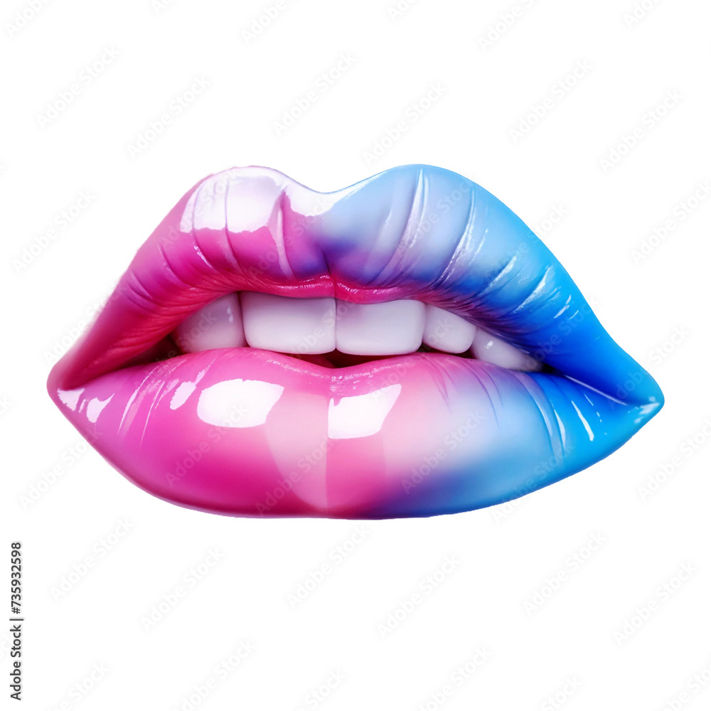 Lips iwith gradient of blue and pink, shiny lipstick, white teeth isolated on PNG background. Generative AI.