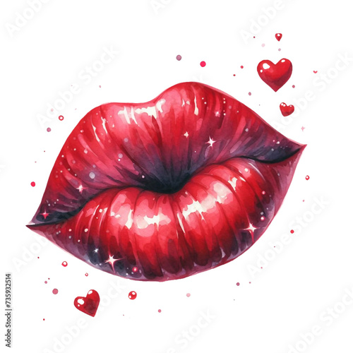 Watercolor red lips in the shape of  kiss isolated on PNG background. Generative AI.