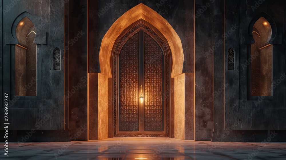 Ramadan Kareem greeting card with 3d Mosque door and crescent moon