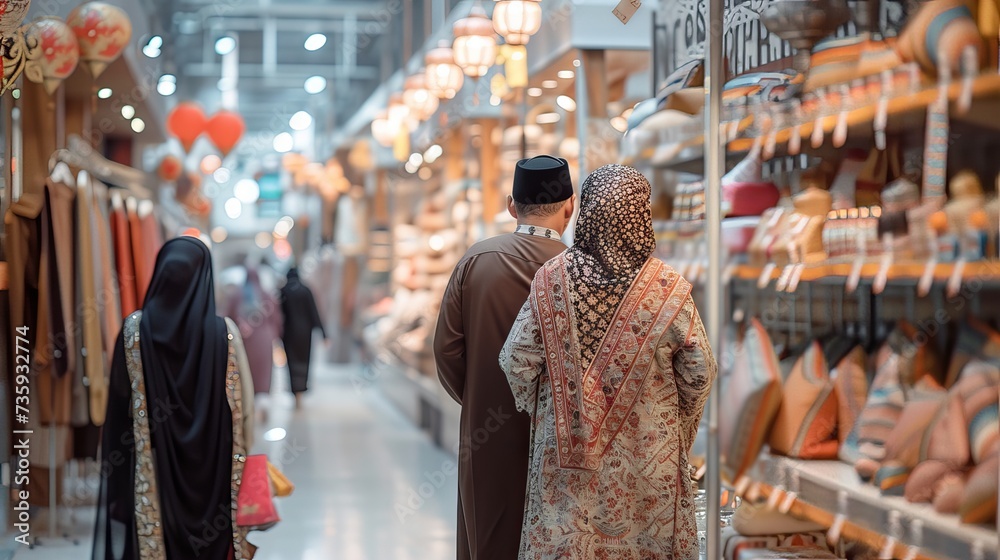 Muslim couple in traditional clothes holding shopping bags and smiling at a colorful market during Eid al-Fitr celebration
