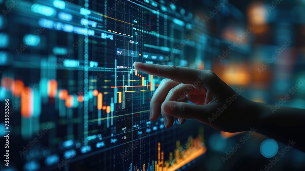 Financial technology concept. Stock chart. Investment. Fintech. Blockchain technology concept. Businessman working on virtual screen. Generative AI. Financial technology concept. Stock chart. Investment. Fintech. Blockchain technology concept. Businessman working on virtual screen. Generative AI.