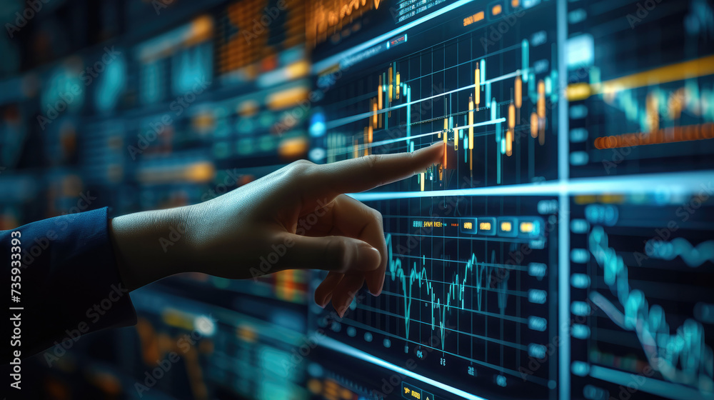 Financial technology concept. Stock chart. Investment. Fintech. Blockchain technology concept. Businessman working on virtual screen. Generative AI. Financial technology concept. Stock chart. Investment. Fintech. Blockchain technology concept. Businessman working on virtual screen. Generative AI.