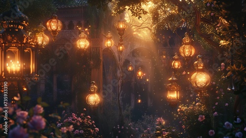 Mystical Ramadan garden with lights, lanterns, flowers, and mythical creatures, sculpture artwork