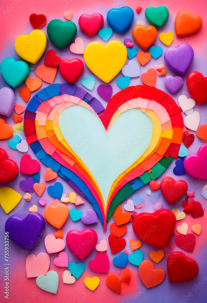 multi-colored hearts on a bright background. Selective focus.