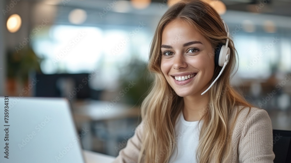 A friendly smiling woman with headset working with laptop and talking while calling client. Generative AI. A friendly smiling woman with headset working with laptop and talking while calling client. Generative AI.