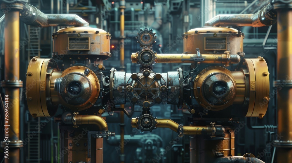 Inside a ship's engine room, industrial gears, pipes, and machinery create a complex mechanical landscape, epitomizing the power and precision of maritime technology