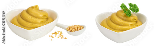 Mustard sauce in ceramic bowl with seed isolated on white background