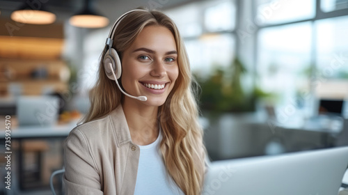 A friendly smiling woman with headset working in front of laptop talking while calling client. Generative AI.