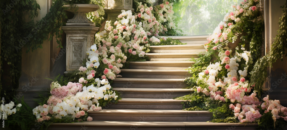 stairway surrounded by a heavenly garden with flowers