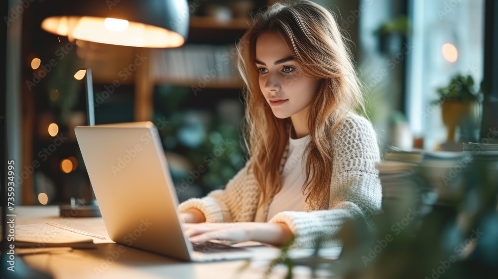 Young woman using laptop computer at office. Work or study from home, freelance, business, lifestyle concept. Generative AI. Young woman using laptop computer at office. Work or study from home, freelance, business, lifestyle concept. Generative AI.