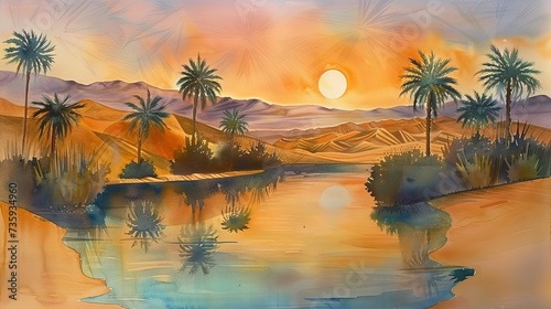 Desert oasis at dawn with palm trees and water pool  watercolor painting on paper  Ramadan artwork
