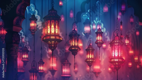 Arabic lanterns glowing in the dark with stars and crescent moon for Ramadan Kareem greeting card design with copy space