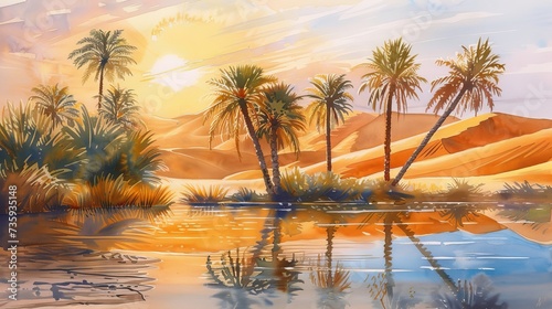 Desert oasis at dawn with palm trees and water pool, watercolor painting on paper, Ramadan artwork © Ameer