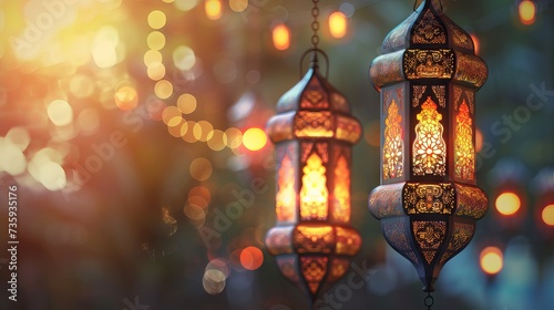 Arabic lanterns glowing in the dark with stars and crescent moon for Ramadan Kareem greeting card design with copy space