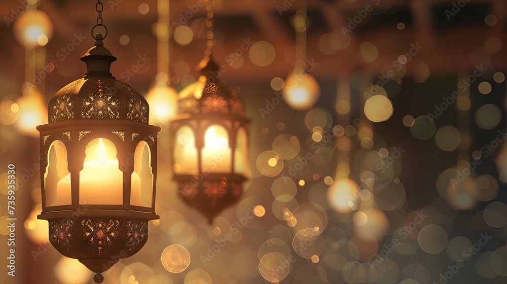 Arabic lanterns glowing in the dark with stars and crescent moon for Ramadan Kareem greeting card design with copy space
