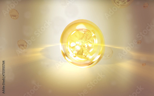 3D animation. Vitamins c, b3, e, floating in water droplets. Collagen bubble design