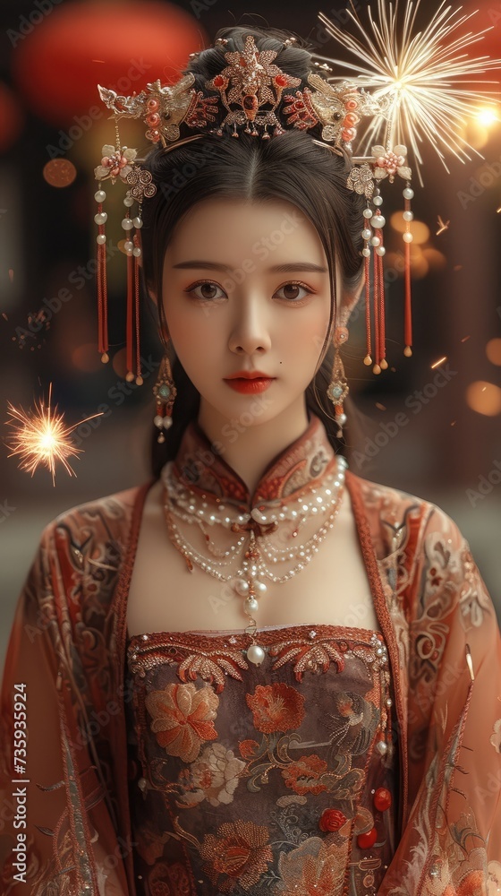 A lovely Chinese princess wearing a crown made of pearls, an elegant dress with fireworks and lanterns add a festive atmosphere background. Generative AI.