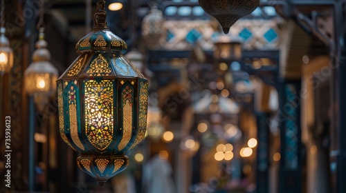 Arabic lanterns and stars on dark blue background for Ramadan Kareem celebration