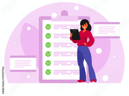 Woman taking test on tablet. Woman with tablet. Female character in suit holding tablet. Checklist on clipboard. Successful completion of business tasks. Vector graphics