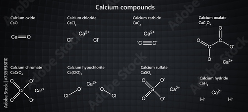 Various Calcium (Ca) compounds: oxide, chloride, carbide, oxalate, chromate, hypochlorite, sulfate, hydride. photo