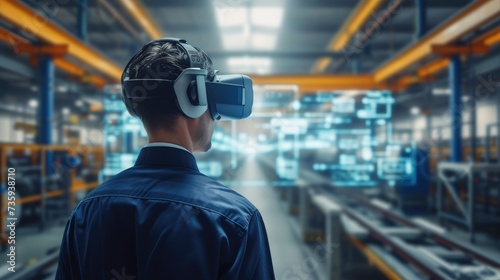 A man wearing virtual reality in a manufacturing line at factory. future. Generative AI. © visoot