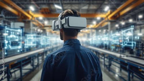 A man wearing virtual reality in a manufacturing line at factory. future. Generative AI.