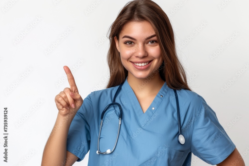 A cheerful nurse in blue scrubs pointing upward, possibly indicating health tips or a medical direction, with a warm, approachable smile. A cheerful nurse in blue scrubs pointing upward, possibly indicating health tips or a medical direction, with a warm, approachable smile.