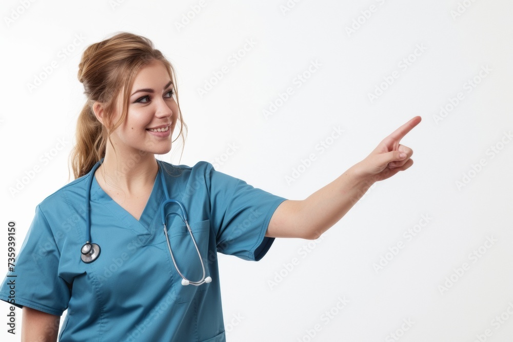 Smiling young female nurse in blue scrubs pointing to the side, indicating direction or choice, with a friendly demeanor. Smiling young female nurse in blue scrubs pointing to the side, indicating direction or choice, with a friendly demeanor.