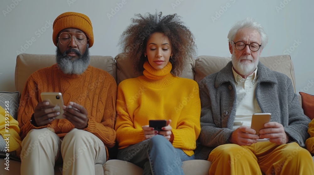Communication online. Multiethnic people using smartphones while relaxing in an armchair at home. Men and women browsing the internet on mobile phones, enjoying modern technology, collage.