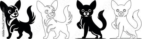 cute dog Chihuahua illustrations, playful, cute, black and white outlines, perfect for children’s coloring books, pet-themed designs. Expressive poses, lively, adorable canine characters