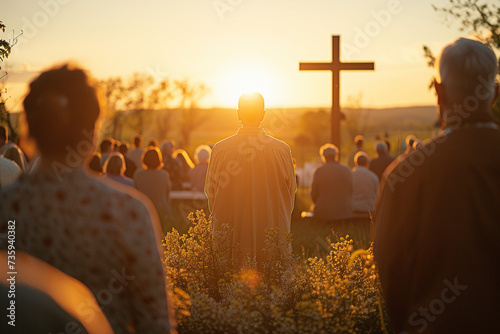 Documentary capture of sunrise Easter services held outdoors with worshippers gathered in the early morning light a moment of communal faith and reflection photo
