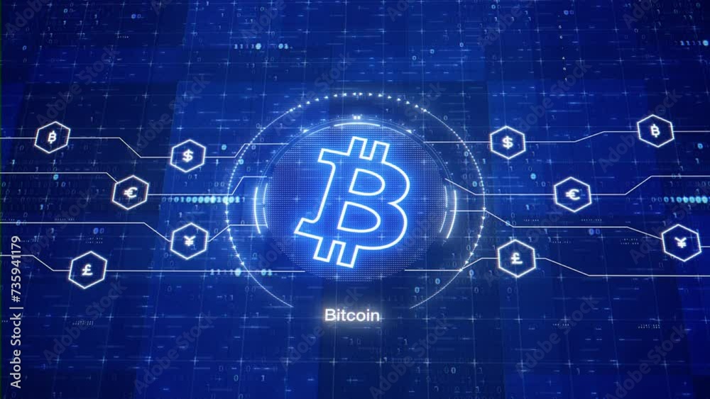 Bitcoin animated logo. Animation of BTC cryptocurrency. Crypto in digital world. Decentralized digital currency, without a central bank