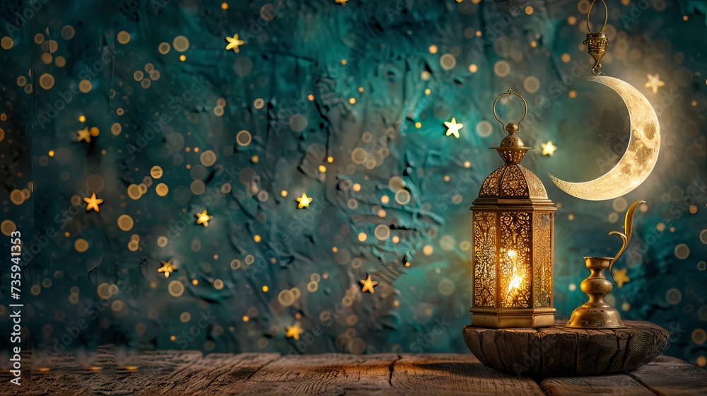 Eid-ul-adha festival celebration: Arabic Ramadan lantern illuminating wooden table with crescent moon and stars decoration - obrazy, fototapety, plakaty 