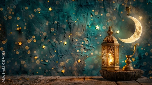 Eid-ul-adha festival celebration: Arabic Ramadan lantern illuminating wooden table with crescent moon and stars decoration photo